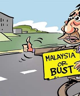 Cartoon illustration of a man hitchhiking with a sign that reads 'Malaysia or Bust'. - Olive Oil Times