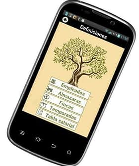 Mobile phone displaying an application interface with a tree graphic and menu options related to olive oil. - Olive Oil Times