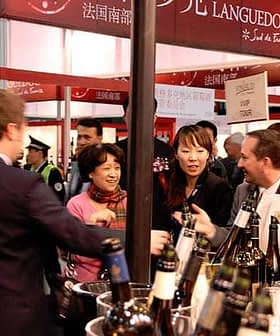 Group of people engaging in conversation at a wine tasting event with bottles displayed. - Olive Oil Times