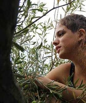 A woman with curly hair sitting among olive tree branches, looking thoughtfully to the side. - Olive Oil Times