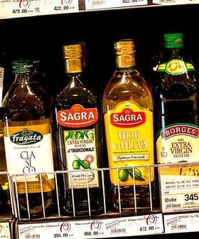 Different brands of olive oil bottles displayed on a supermarket shelf. - Olive Oil Times