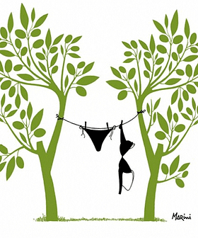 Black bikini and swim bottoms hanging on a clothesline between two stylized green trees. - Olive Oil Times
