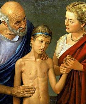 A painting depicting an elderly man, a boy, and a woman in a classical style. - Olive Oil Times