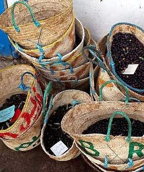 Several woven baskets filled with black olives, some labeled with tags, arranged together. - Olive Oil Times