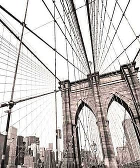 View of the Brooklyn Bridge's structure with cables and city skyline in the background. - Olive Oil Times