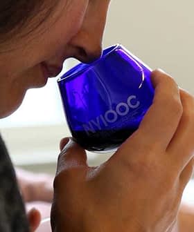 Individual holding a blue glass cup while smelling olive oil during a tasting session. - Olive Oil Times
