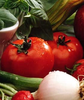 A variety of fresh vegetables and fruits including tomatoes, apples, and greens arranged together. - Olive Oil Times