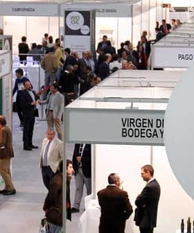 Exhibition hall with booths labeled for the World Olive Oil Exhibition and attendees interacting. - Olive Oil Times