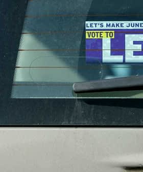 Sticker on the rear window of a car advocating for the Leave campaign in the Brexit referendum. - Olive Oil Times