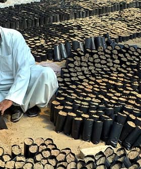 Two men working with black plastic containers filled with soil for olive seedlings in Pakistan. - Olive Oil Times