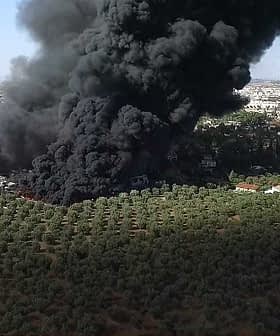 Thick black smoke rising from an industrial area surrounded by olive trees and buildings. - Olive Oil Times