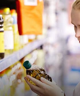 A woman inspecting a bottle of olive oil while shopping in a supermarket aisle. - Olive Oil Times