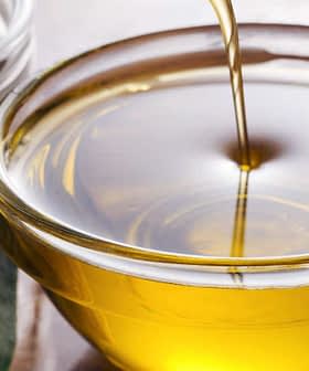 A glass bowl filled with olive oil, with olives and olive leaves nearby. - Olive Oil Times