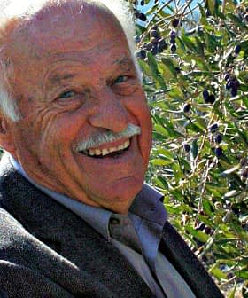 Elderly man smiling while standing next to olive trees with ripe olives. - Olive Oil Times