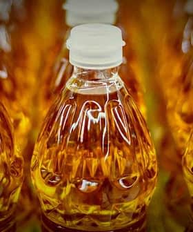 Row of clear plastic bottles filled with golden olive oil, each capped with a white lid. - Olive Oil Times