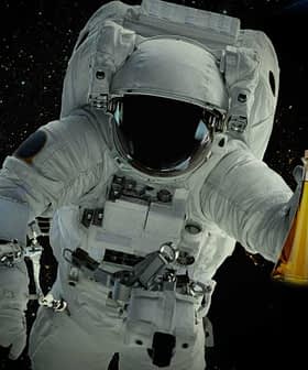 An astronaut in a space suit holding a flask filled with a yellow liquid while floating in space. - Olive Oil Times