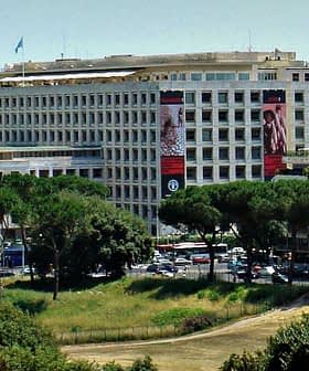 The FAO Headquarters building located in Rome, Italy, featuring a modern architectural design. - Olive Oil Times