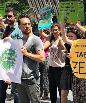 Group of protesters holding various signs during a rally advocating for olive oil and environmental issues. - Olive Oil Times