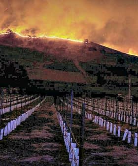 Vineyard rows with white markers and a wildfire burning in the background on a hillside. - Olive Oil Times