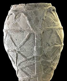 A textured ancient pottery vase with geometric designs and handles on the sides. - Olive Oil Times
