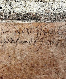 Faded ancient inscription carved into a stone wall with visible texture and cracks. - Olive Oil Times