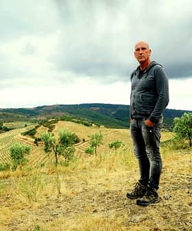 A man in a gray hoodie standing in a vineyard landscape with rolling hills and olive trees. - Olive Oil Times