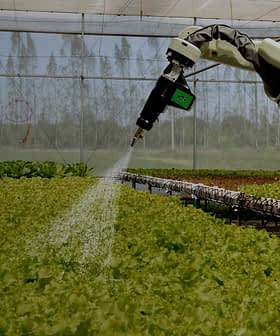 Robotic arm spraying water on lettuce plants in a greenhouse environment. - Olive Oil Times