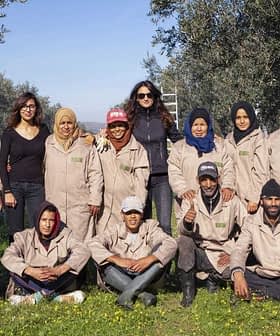 A group of olive harvest workers posing together outdoors in olive trees. - Olive Oil Times