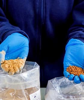 Individual wearing blue gloves holding two bags with different powdered substances in each hand. - Olive Oil Times
