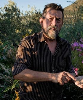 Man with a beard holding soil in his hand while standing among colorful flowers. - Olive Oil Times