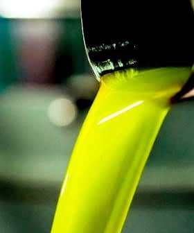 Stream of bright green olive oil pouring from a metal spout into a container. - Olive Oil Times