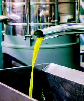 Stream of green olive oil flowing from a metal pipe into a stainless steel container during extraction. - Olive Oil Times