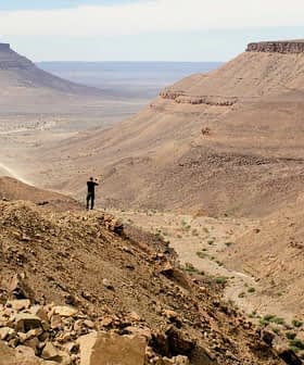 Individual standing on a rocky outcrop overlooking a vast desert landscape with distant mountains. - Olive Oil Times