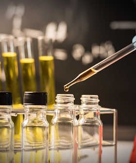 A laboratory scene showing a hand in a blue glove using a pipette to transfer liquid into small glass bottles. - Olive Oil Times