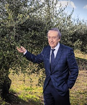 A man in a suit standing beside an olive tree in an outdoor setting. - Olive Oil Times