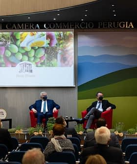 Panel discussion featuring three seated speakers and one speaker at a podium during the Ercole Olivario event. - Olive Oil Times