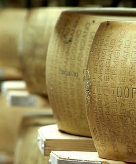 Close-up of aged cheese wheels with embossed labels stacked on wooden shelves. - Olive Oil Times