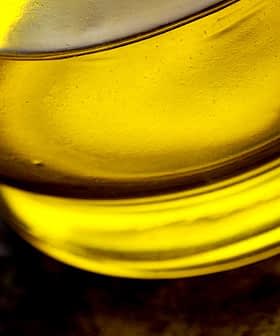Close-up view of olive oil in a glass container with a yellow hue. - Olive Oil Times