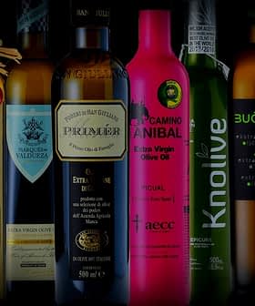 A collection of olive oil bottles featuring different brands and designs on a dark background. - Olive Oil Times