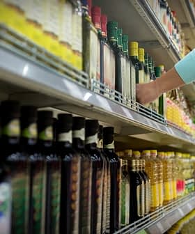 A person reaching for a bottle of olive oil on a grocery store shelf filled with various oils. - Olive Oil Times
