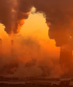Industrial smokestacks releasing smoke into the sky during a sunset with orange hues. - Olive Oil Times