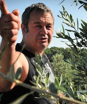 Man gesturing while standing among olive trees in an olive grove. - Olive Oil Times