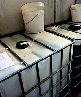 Two large industrial storage tanks with a white bucket placed on top in a warehouse setting. - Olive Oil Times