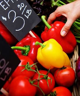 A hand reaching for red and yellow bell peppers among various vegetables at a market stand. - Olive Oil Times