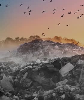 A landfill site with a large mound of waste and birds flying in the sky at sunset. - Olive Oil Times