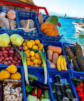 Assorted fresh fruits and vegetables displayed in blue crates at a market by the water. - Olive Oil Times