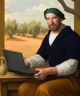 A man dressed in historical clothing sitting at a table with a laptop in a scenic setting. - Olive Oil Times
