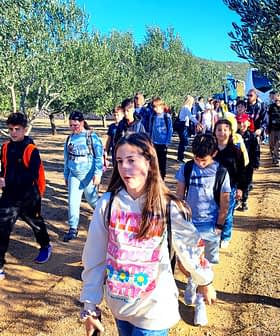 A group of children walking through an olive grove, wearing backpacks and casual clothing. - Olive Oil Times