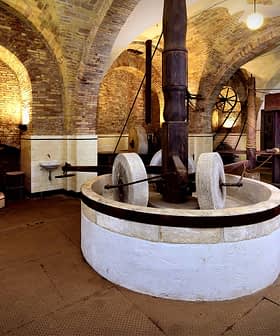 Interior view of an olive oil mill featuring traditional production equipment and machinery. - Olive Oil Times