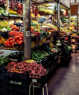 A market aisle filled with various fruits and vegetables displayed on shelves and crates. - Olive Oil Times